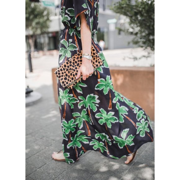 NEW Cooper Ella Jessa Caftan Maxi Dress Tropical Palm Tree V-Neck Surplice Long - Picture 2 of 12